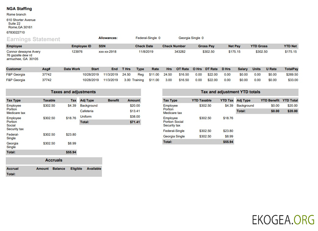 Bulletin de paie de NGA Staffing au format PDF et Word